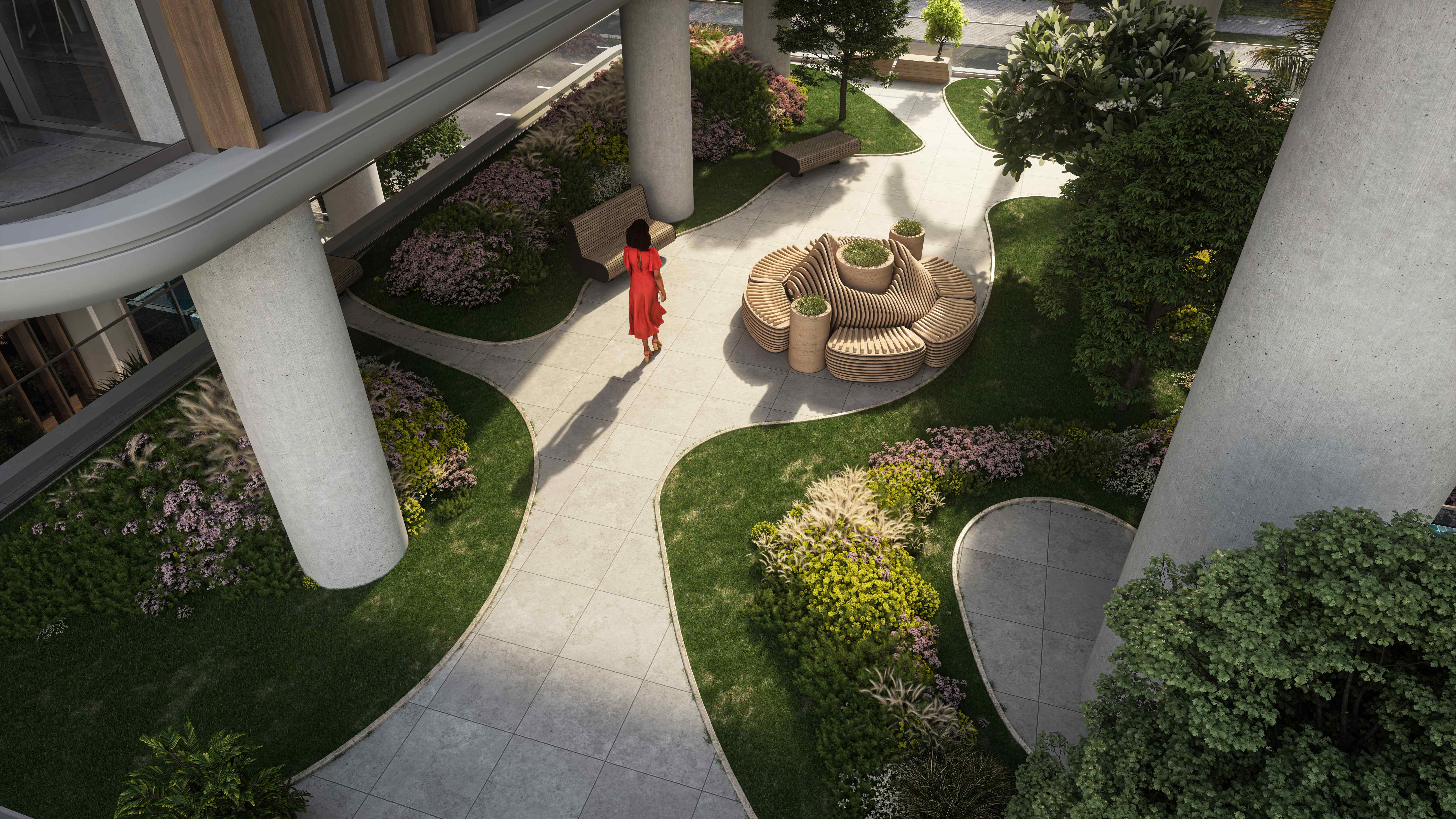 Landscaped gardens with curved pathways and seating