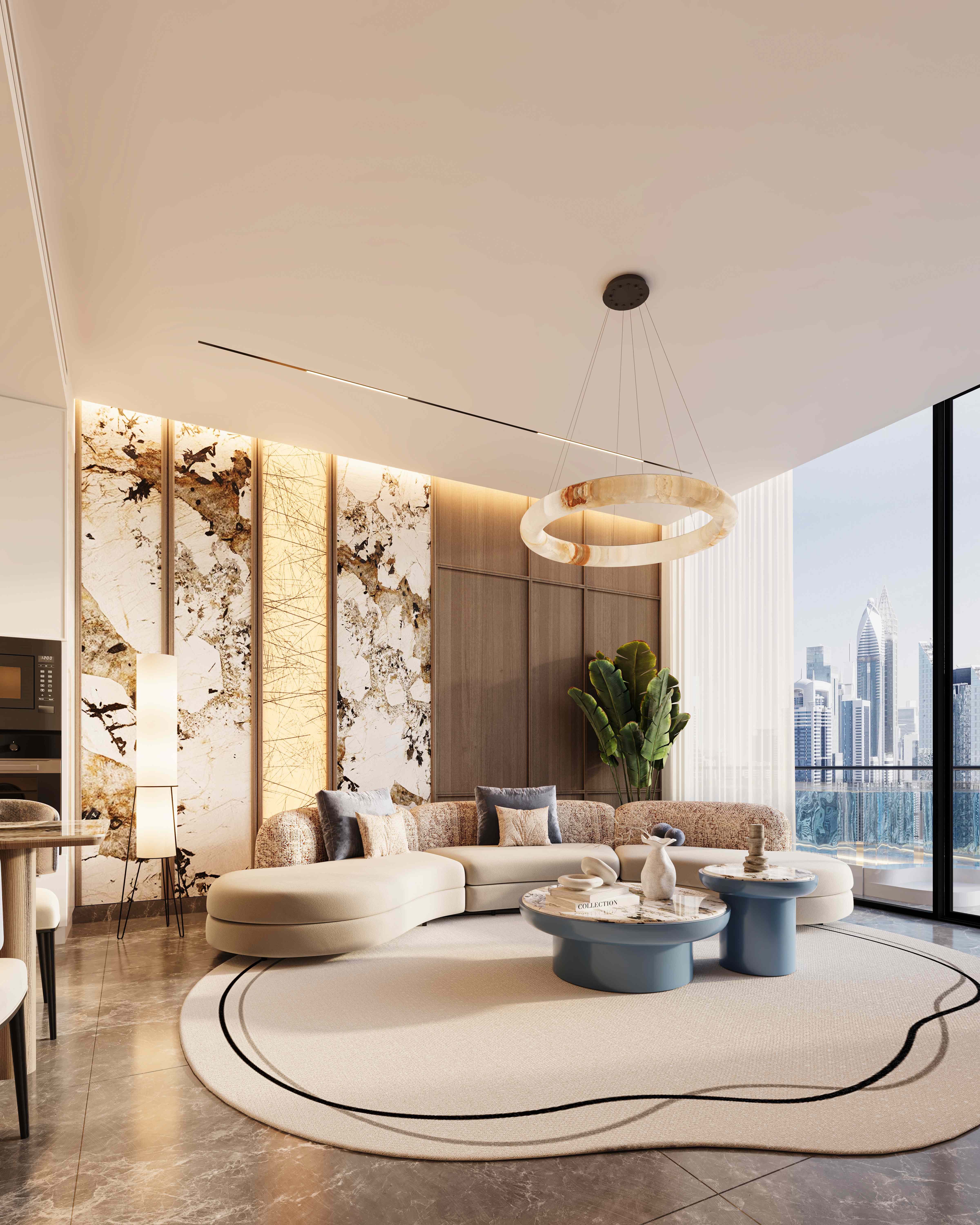 Open-plan living area with artistic wall panels and city views